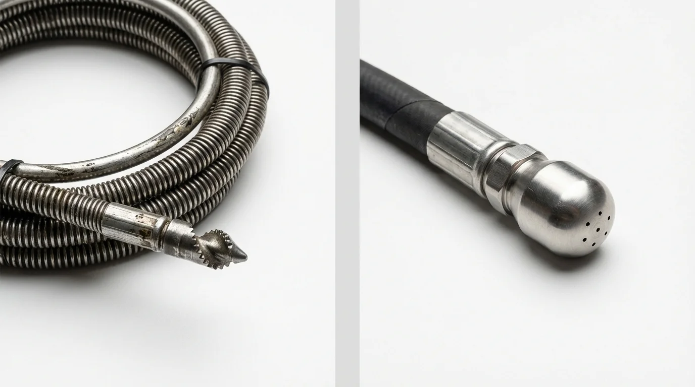 Drain snake cable and hydro jetting nozzle used for drain cleaning in Rutherford, NJ