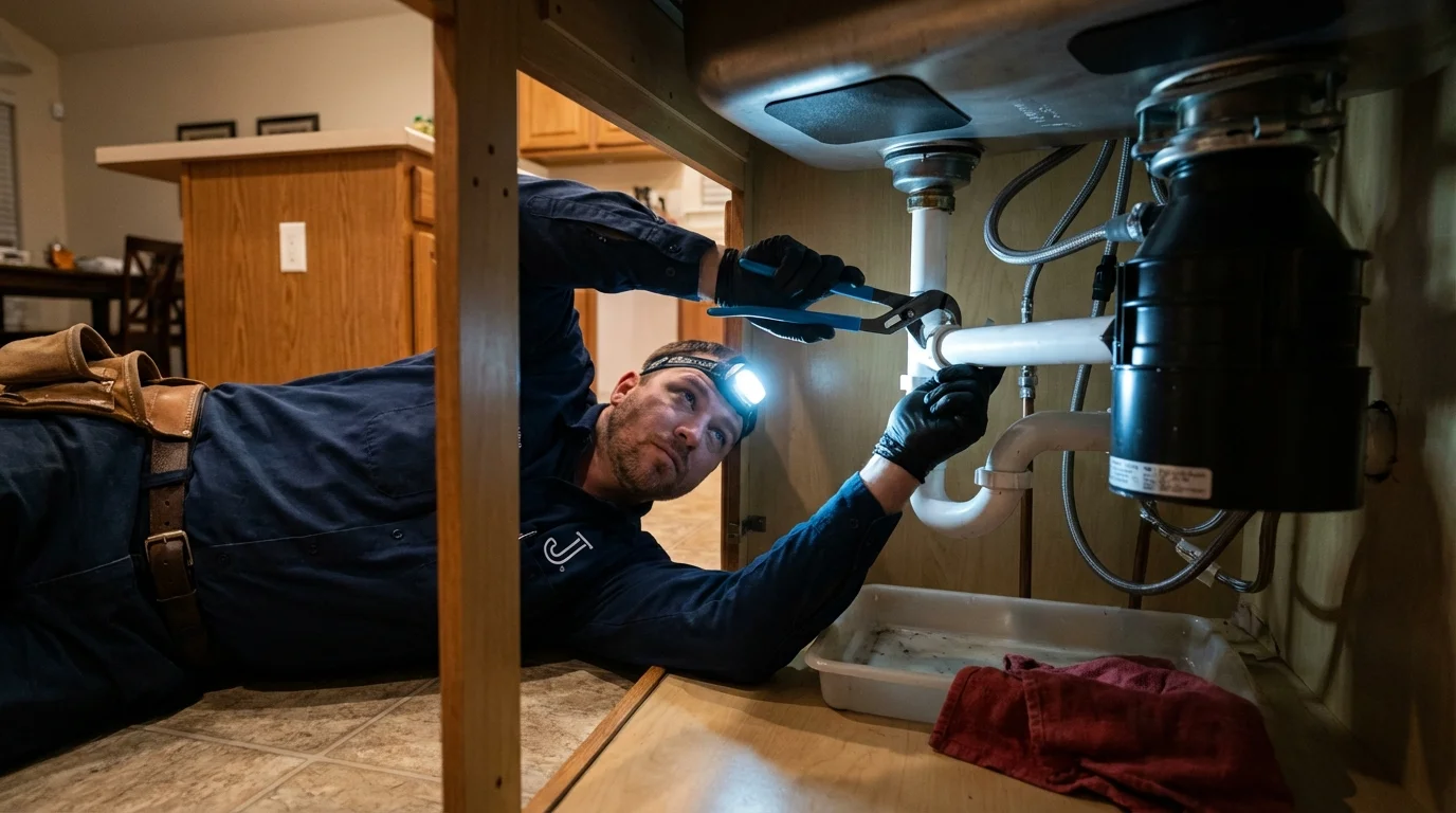 P-trap and supply line connections under a kitchen sink showing a common leak point in Rutherford, NJ